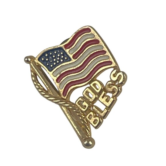 God Bless American Flag Gold Lapel Pin With Red White & Blue Enamel Patriotic Ac - Picture 7 of 7